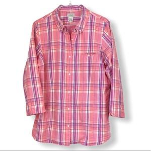 LL BEAN Plaid Seersucker 3/4 Sleeve Button Down Shirt Pink Size Large Chambray